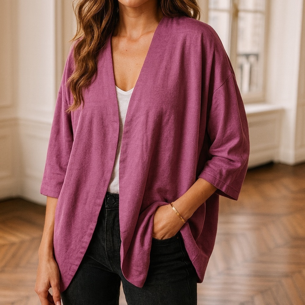 LOGO by Lori Goldstein Open Front Cardigan Draped Kimono Duster Sweater Medium